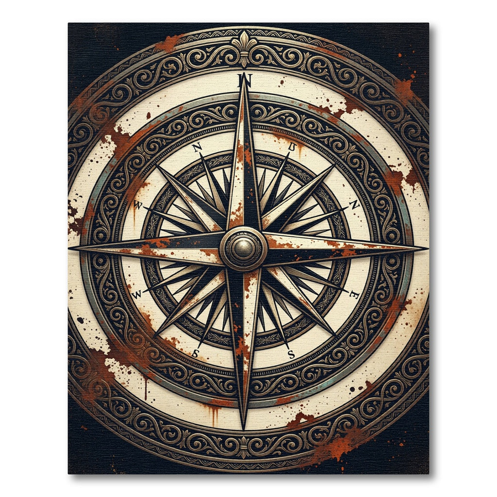 Antique Distressed Compass Nautical Medallion Rug