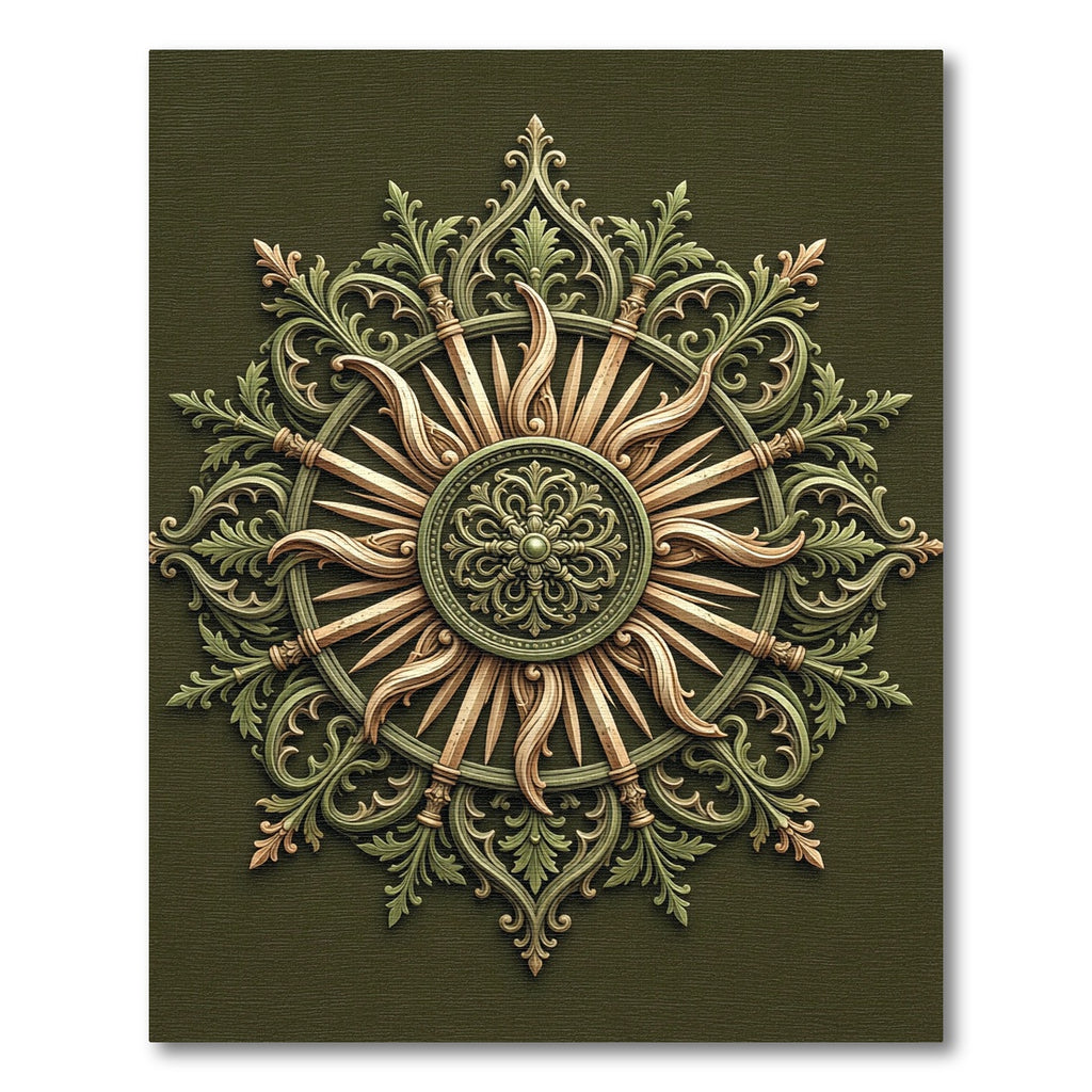 Ornate Olive Gold Sunburst Medallion Rug