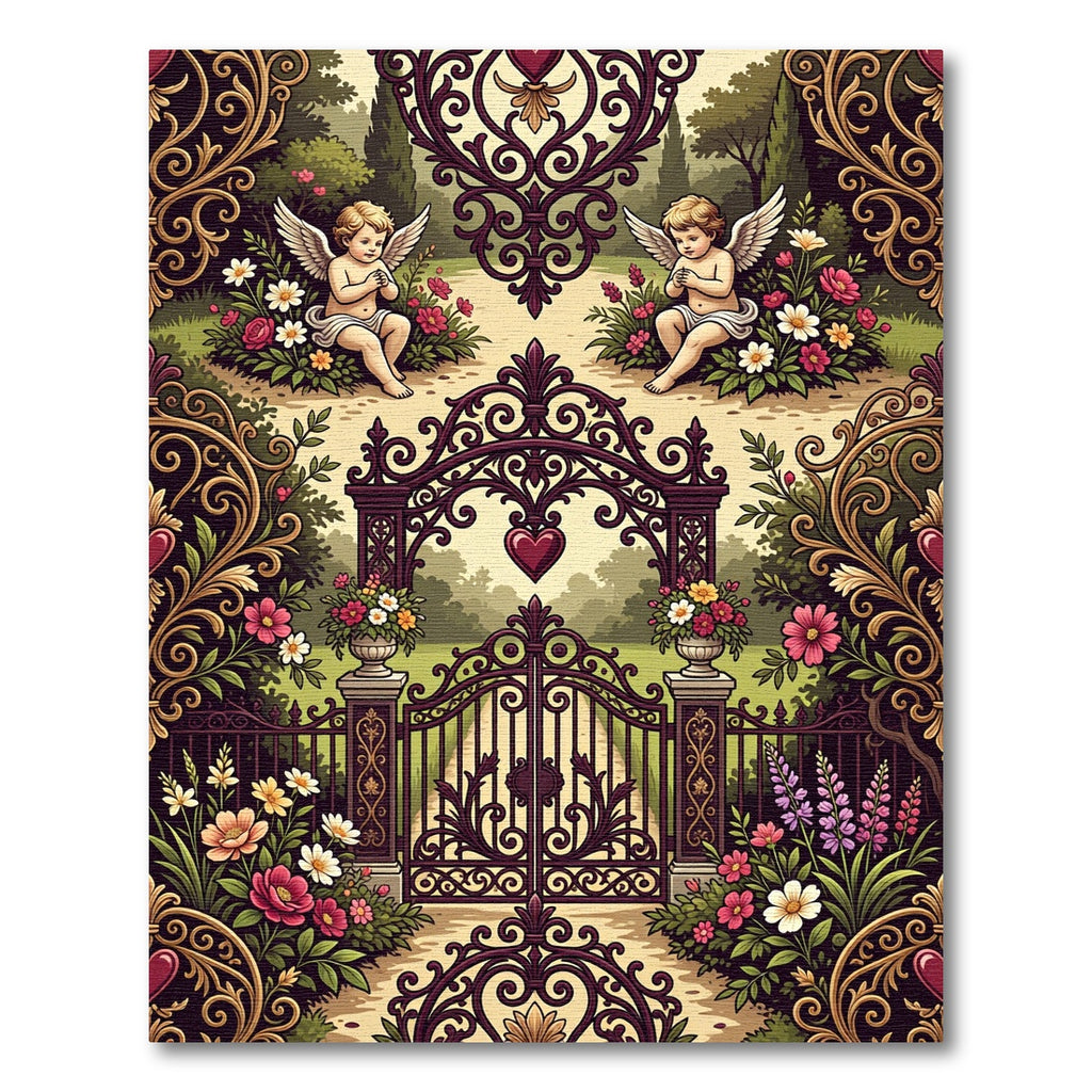Romantic Cherub Garden Gate Floral Rug