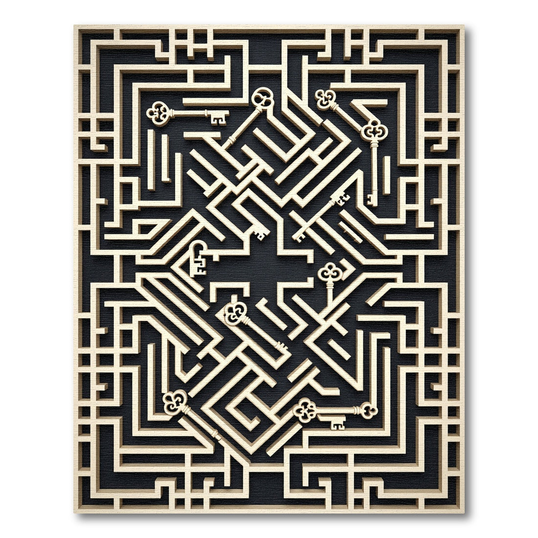 Geometric Gold Key Labyrinth Art Rug