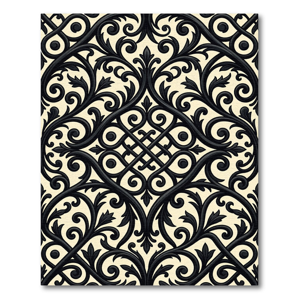 Elegant Black Damask Scroll Medallion Rug