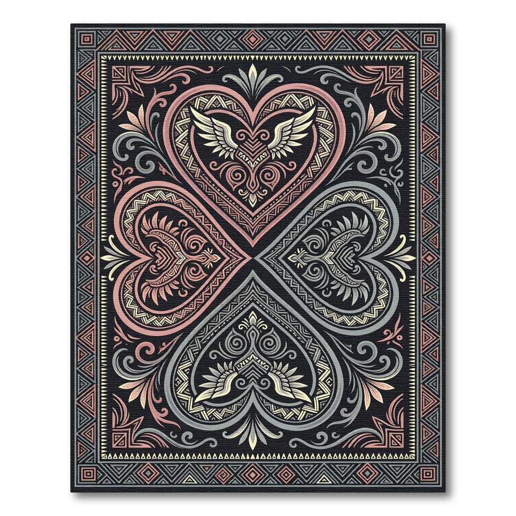Ornate Winged Heart Floral Geometric Rug