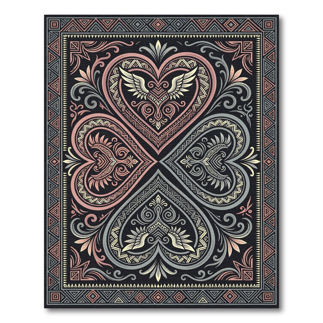 Ornate Winged Heart Floral Geometric Rug