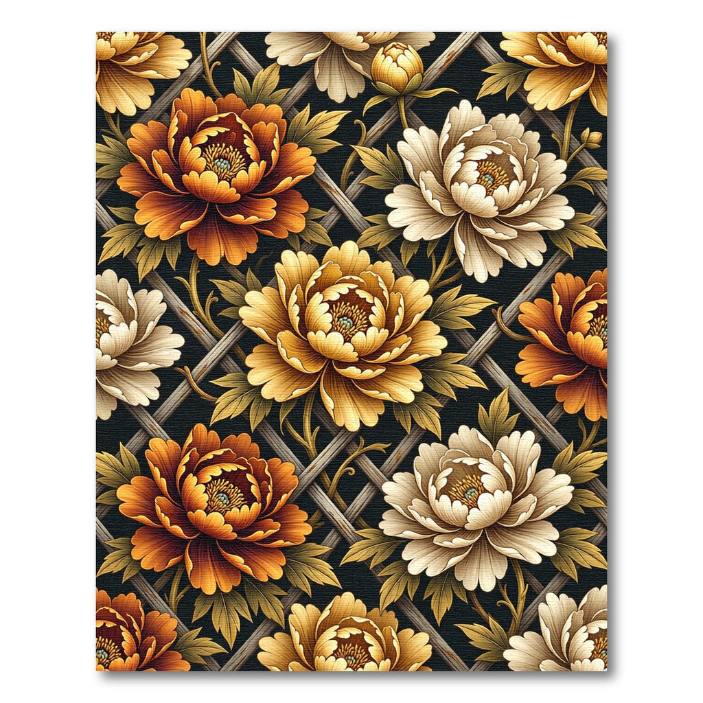 Golden Peony Lattice Floral Charcoal Rug