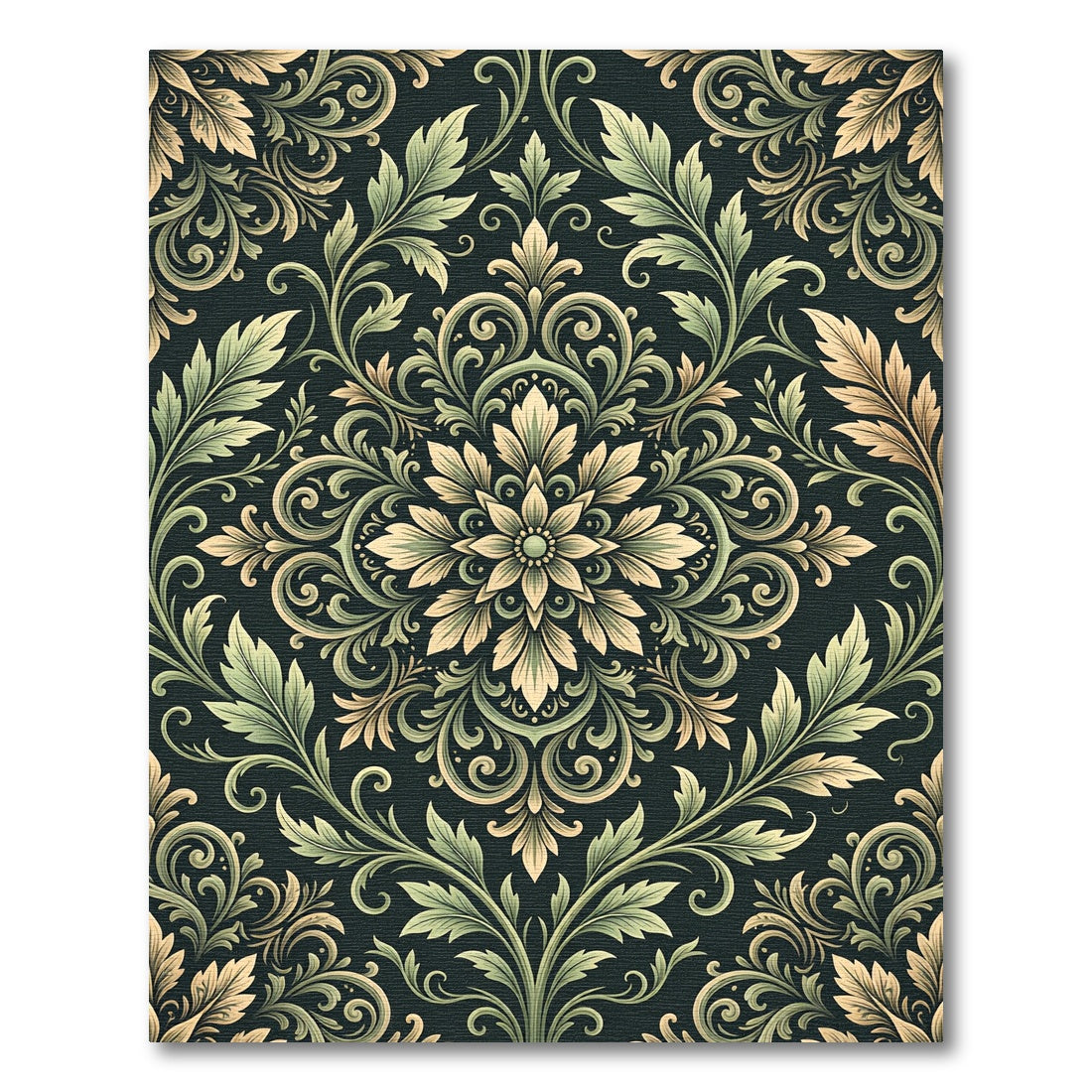 Elegant Olive Green Damask Floral Scroll Rug