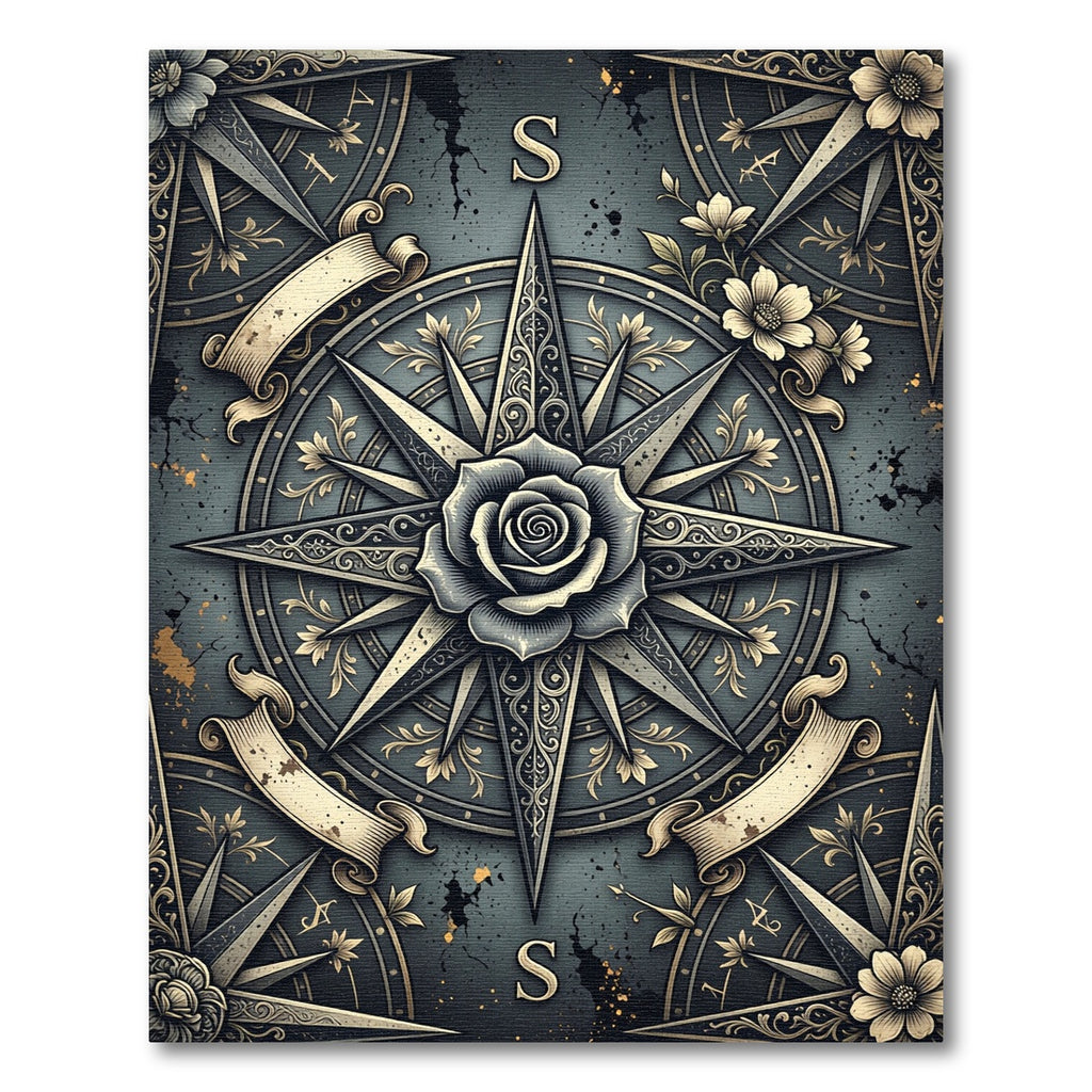 Vintage Slate Floral Compass Rose Rug