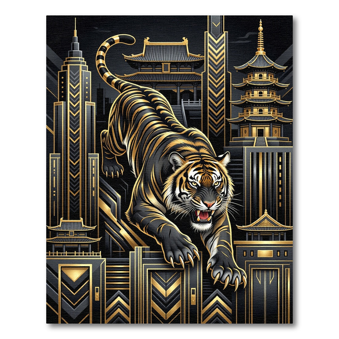 Bold Black Gold Tiger Cityscape Rug