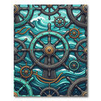 Nautical Teal Ship Wheel Ocean Waves Rug