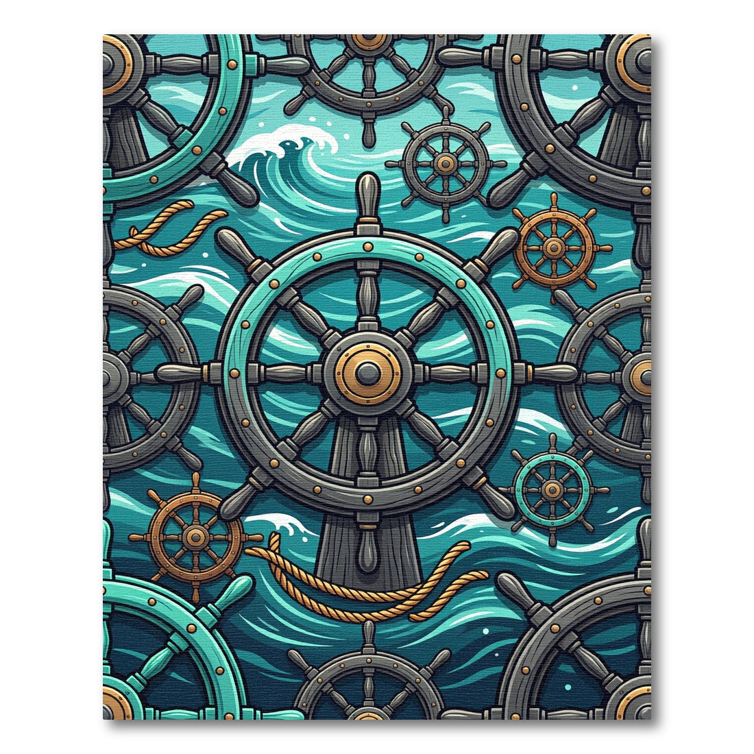 Nautical Teal Ship Wheel Ocean Waves Rug