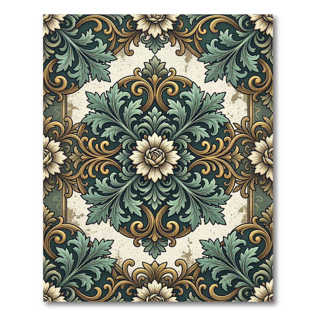 Elegant Sage and Gold Floral Medallion Rug