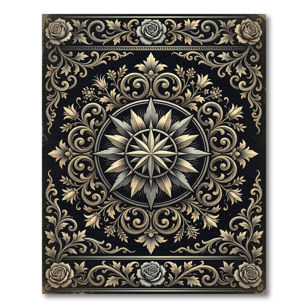 Elegant Gold Floral Compass Medallion Rug