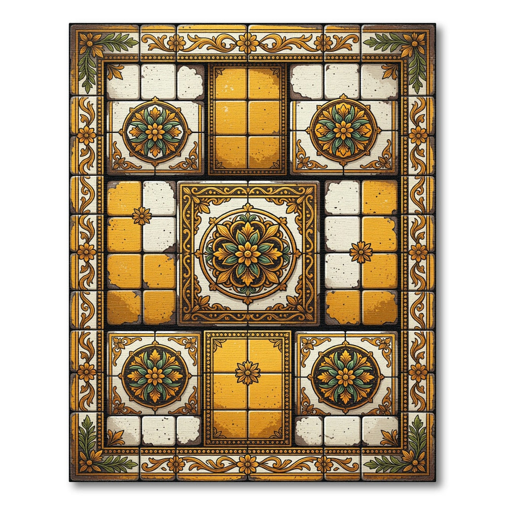 Ornate Yellow Floral Medallion Tiles Rug