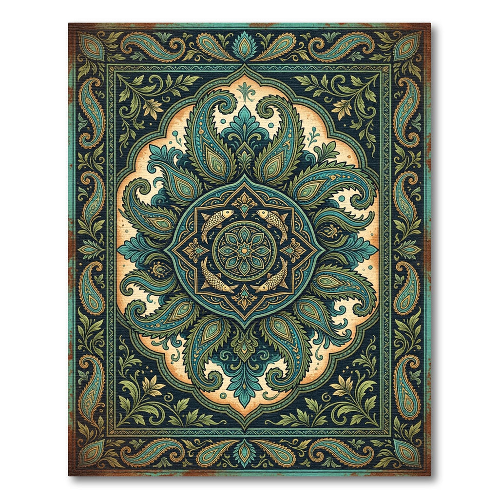 Teal Paisley Fish Medallion Ornate Art Rug