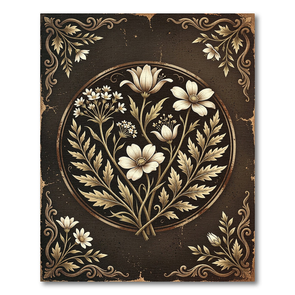 Vintage Golden Floral Botanical Medallion Rug