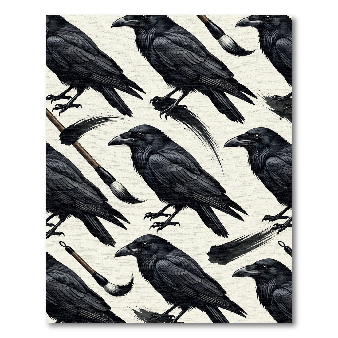 Dark Raven Ink Brush Bird Illustration Rug