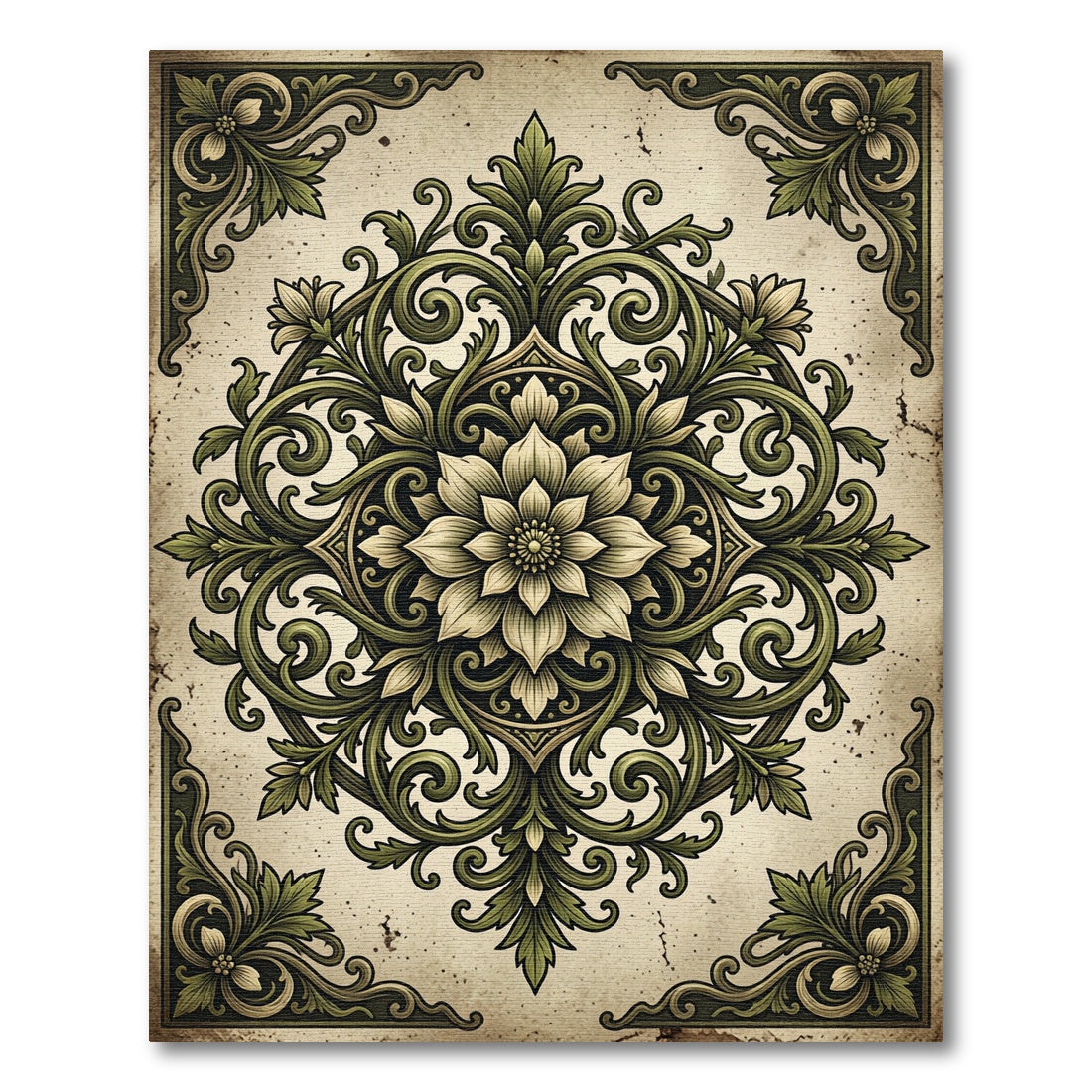 Elegant Sage Green Scrollwork Floral Medallion Rug