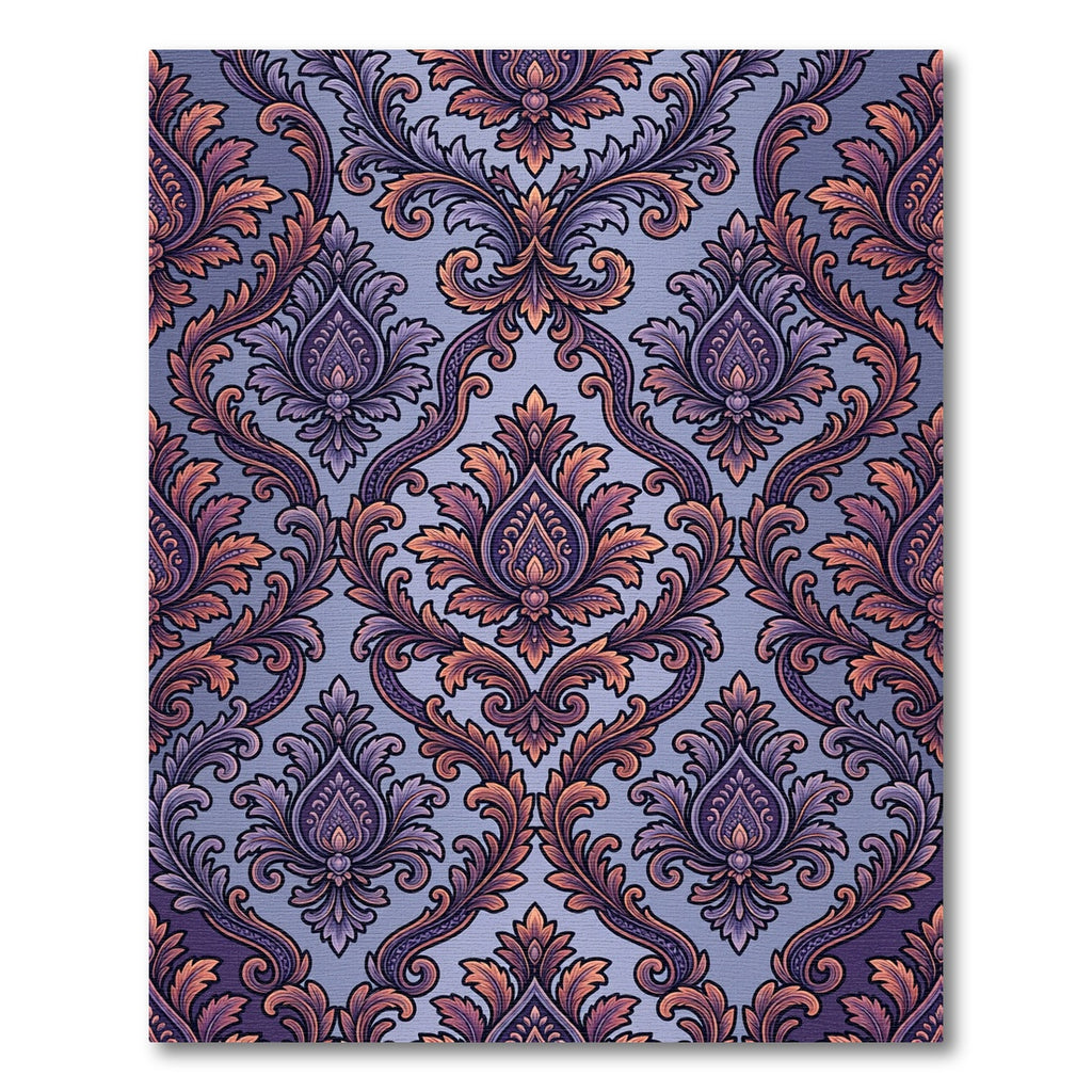 Ornate Purple Gold Damask Scrolling Fern Rug