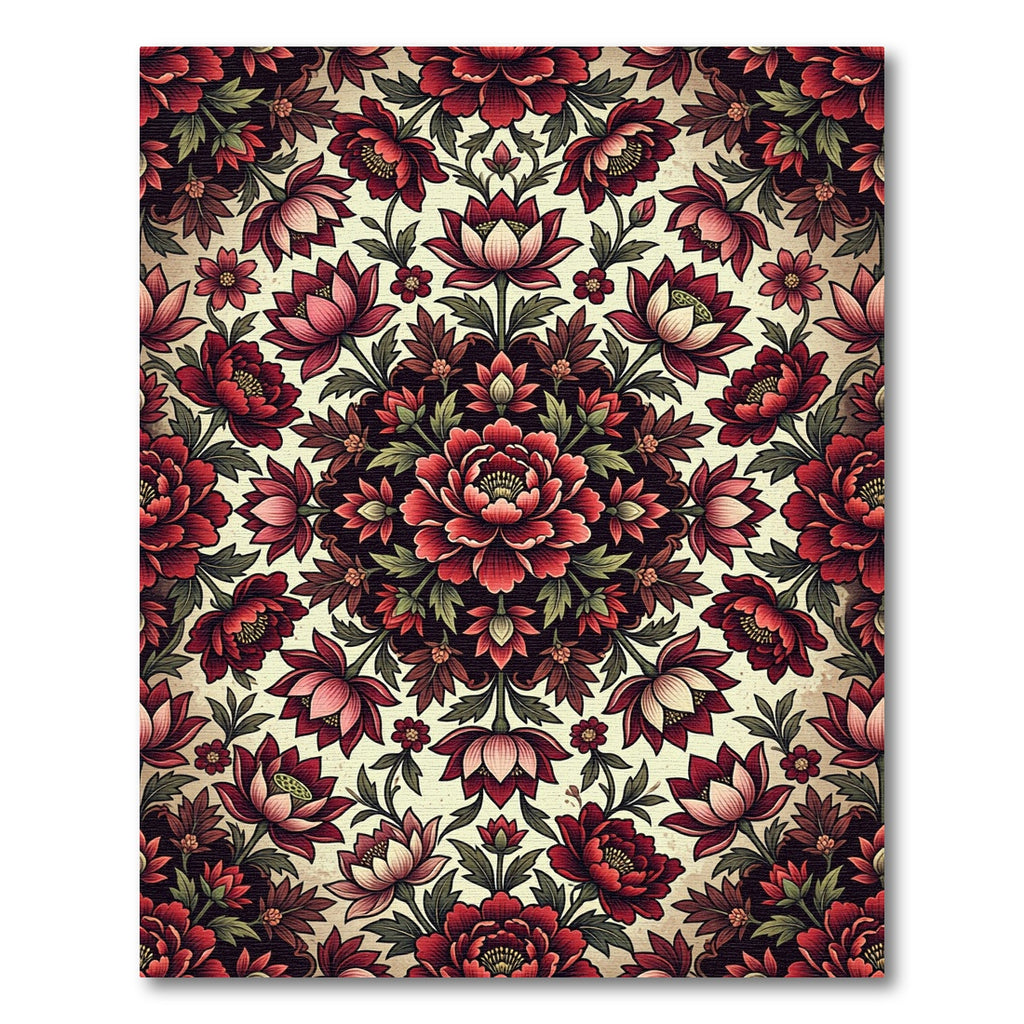 Crimson Peony Floral Medallion Garden Rug