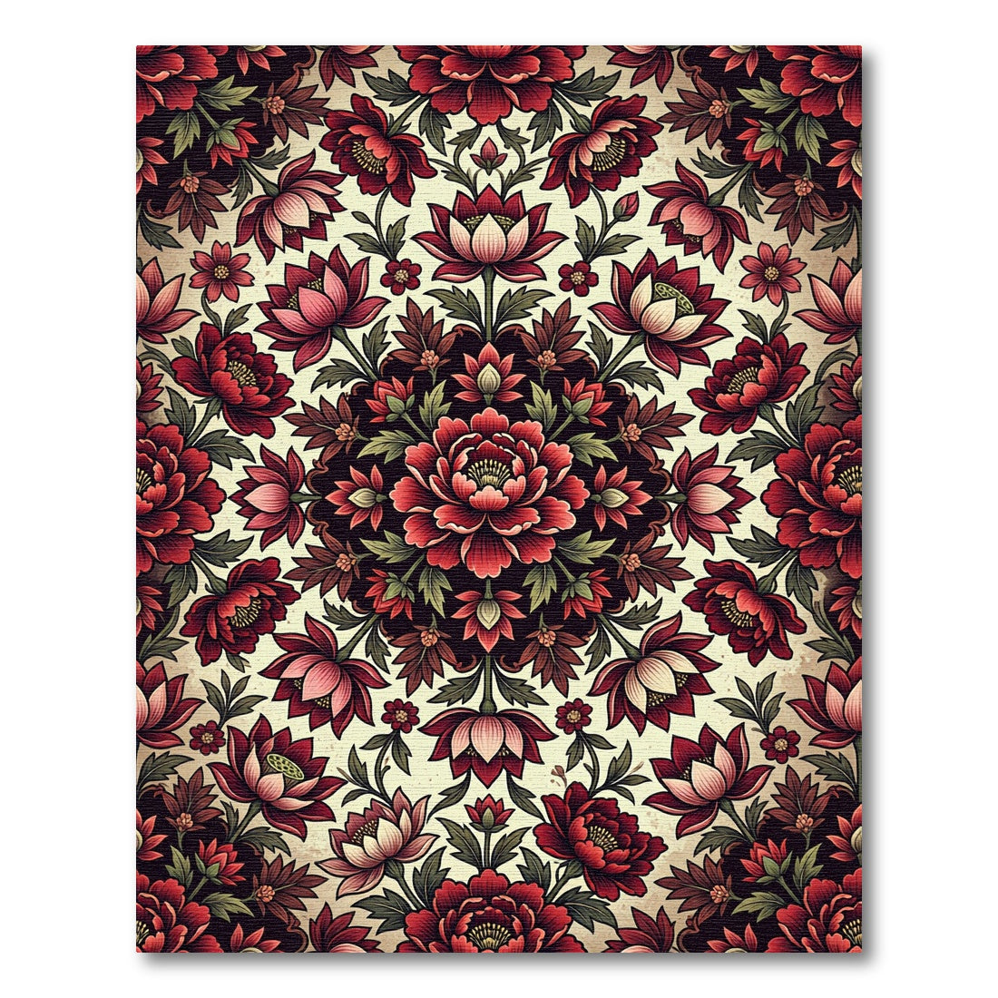 Crimson Peony Floral Medallion Garden Rug