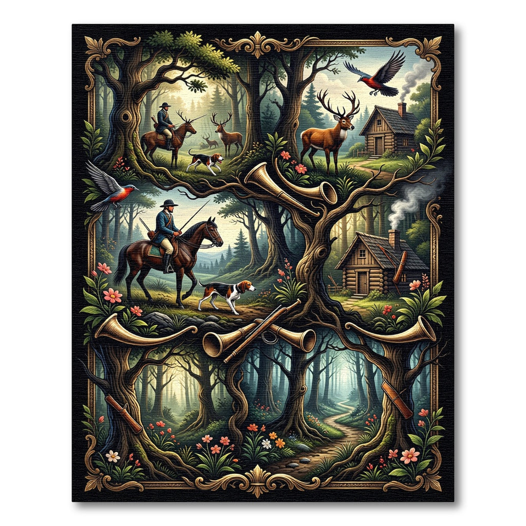 Vintage Hunting Scene Forest Floor Rug
