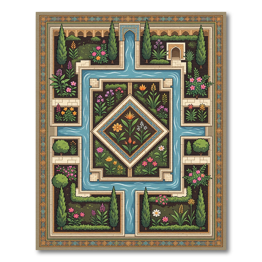 Symmetrical Floral Water Garden Tapestry Rug