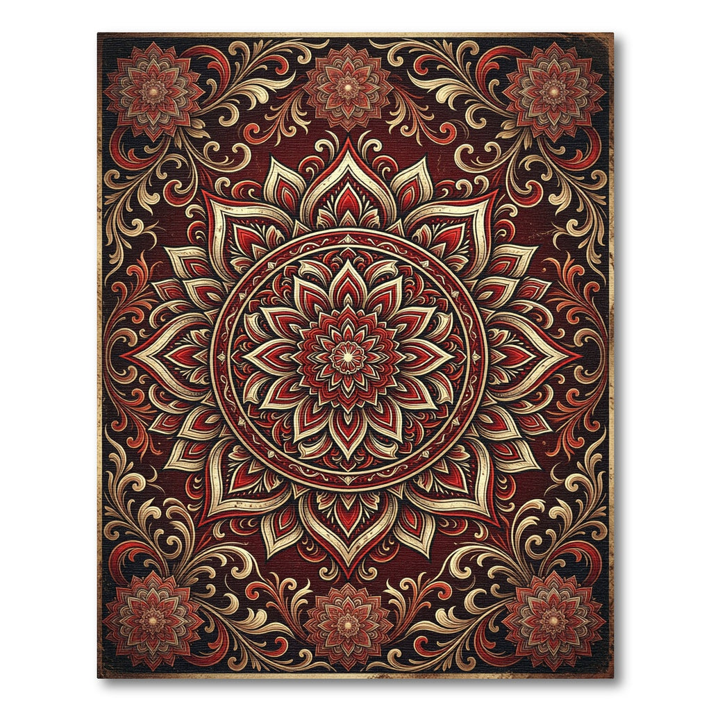 Intricate Crimson Floral Gold Medallion Rug