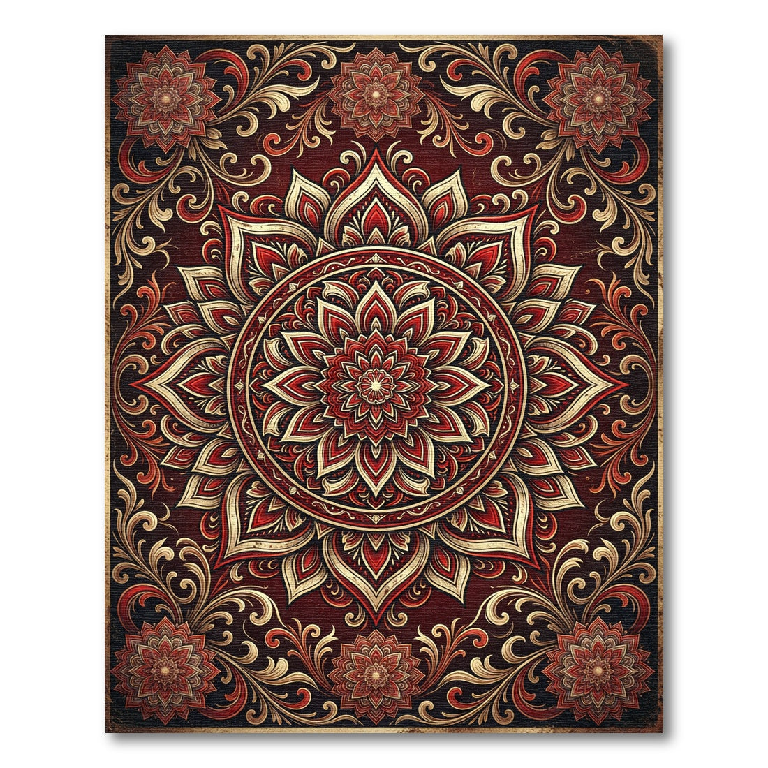 Intricate Crimson Floral Gold Medallion Rug