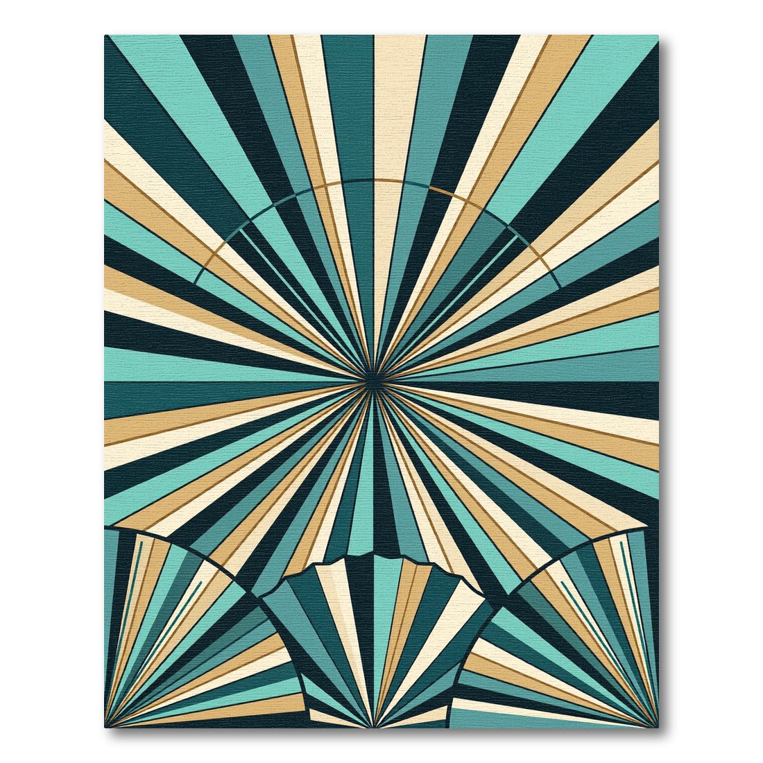 Teal Gold Sunburst Fan Rays Rug