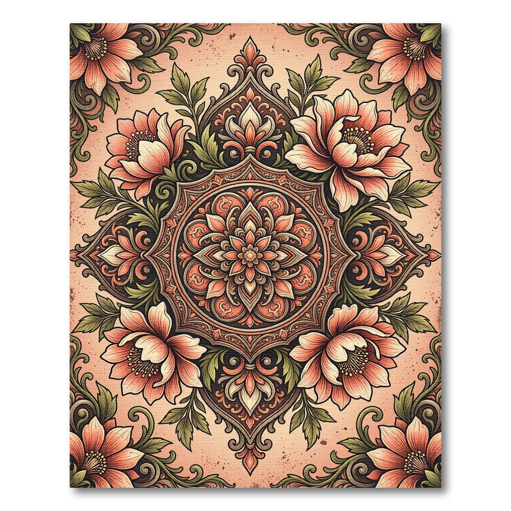 Elegant Salmon Floral Medallion Scroll Rug