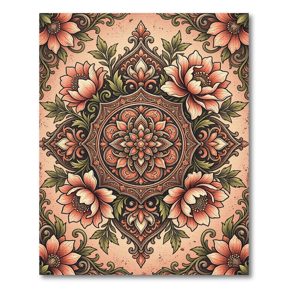 Elegant Salmon Floral Medallion Scroll Rug