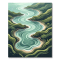 Serene Emerald Winding River Landscape Rug