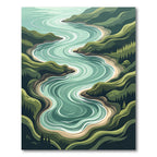 Serene Emerald Winding River Landscape Rug