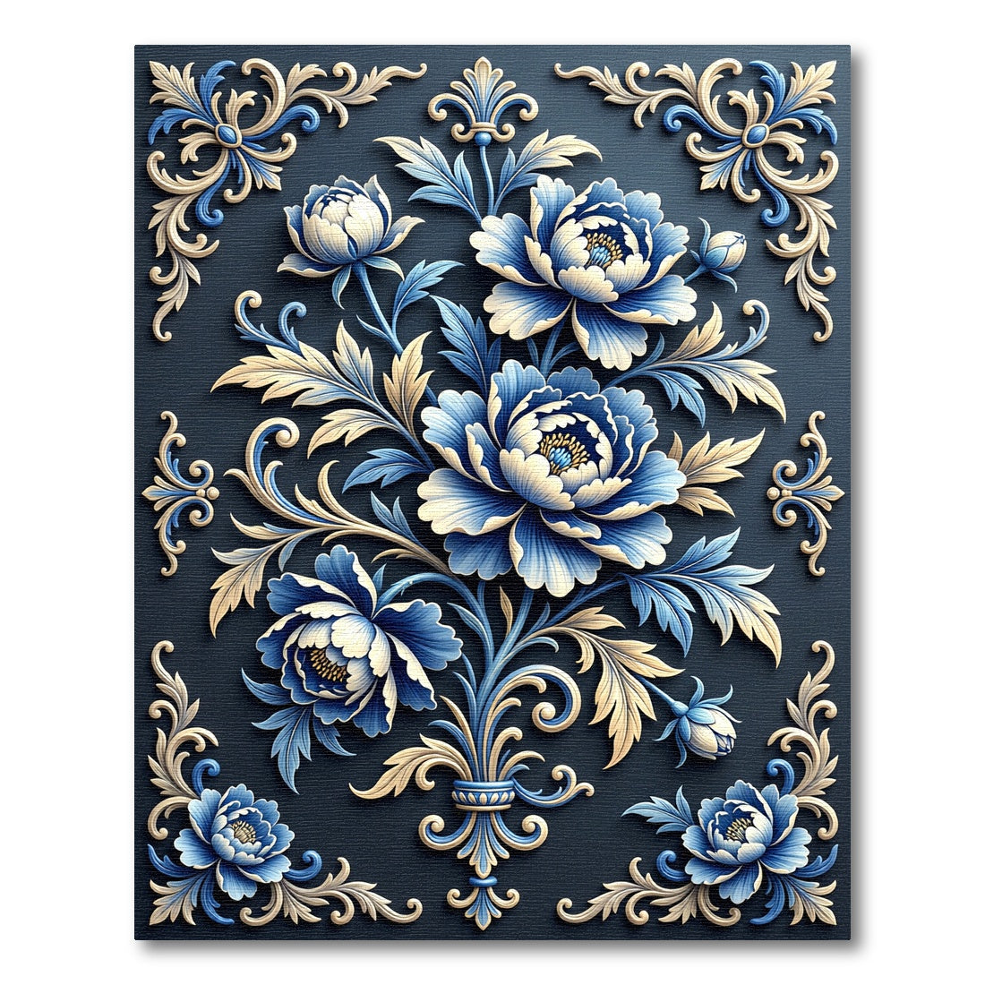 Elegant Blue and Cream Floral Scroll Rug