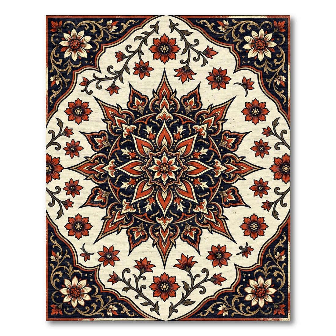 Crimson Floral Medallion Charcoal Accent Rug