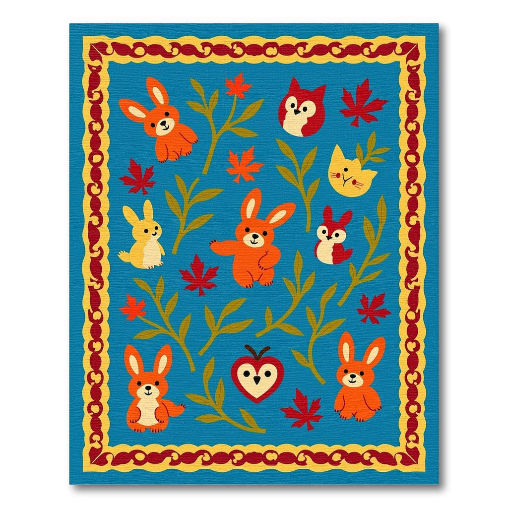 Whimsical Blue Autumn Woodland Critters Rug