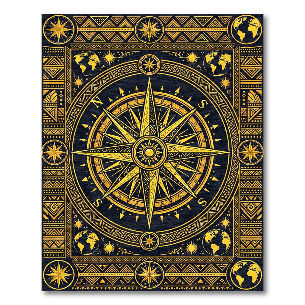 Golden Nautical Compass Global Map Rug
