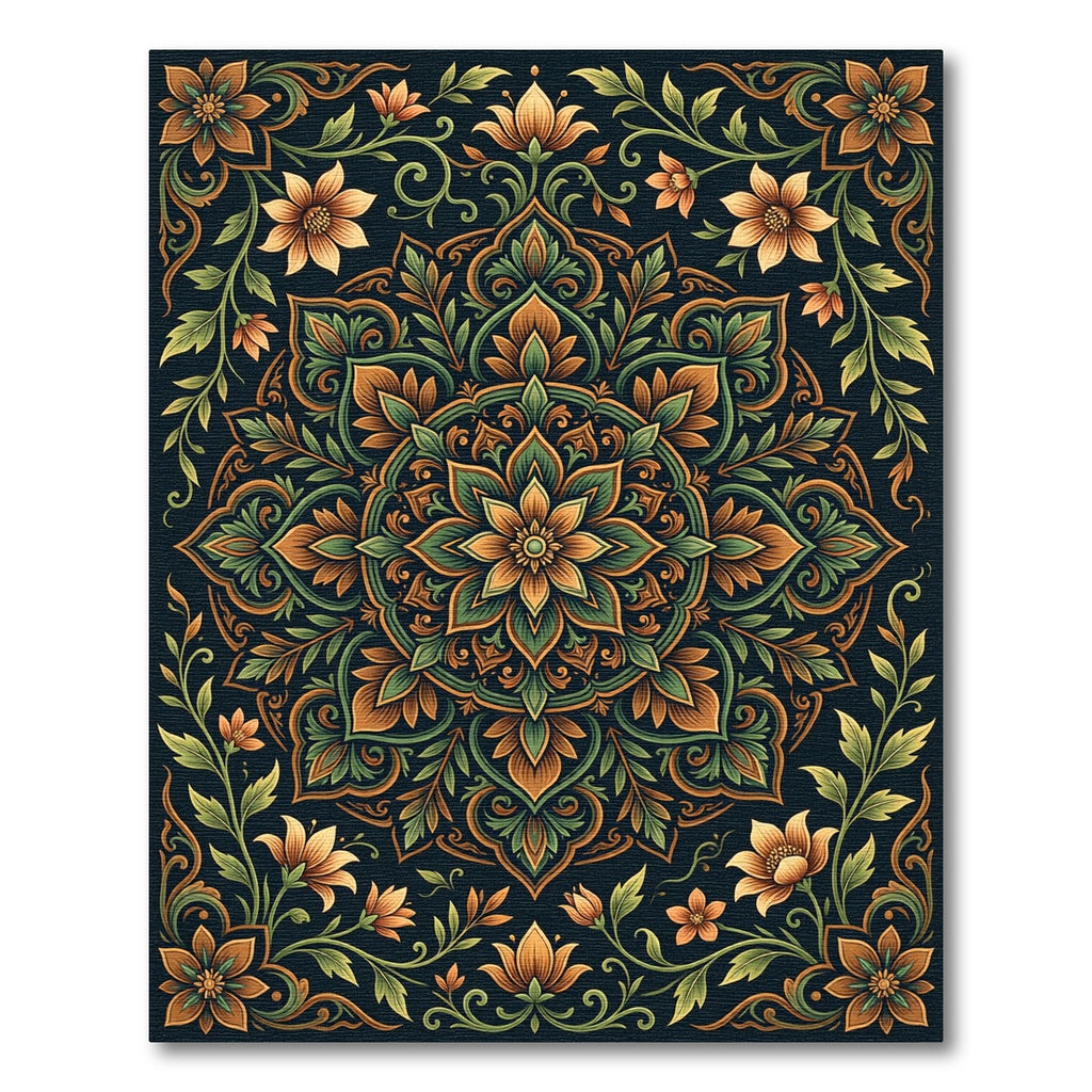 Elegant Emerald and Golden Floral Medallion Rug