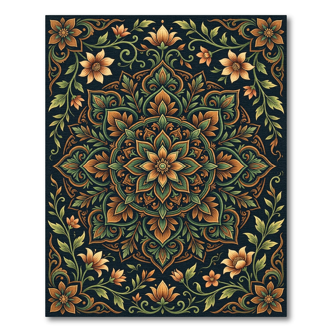 Elegant Emerald and Golden Floral Medallion Rug