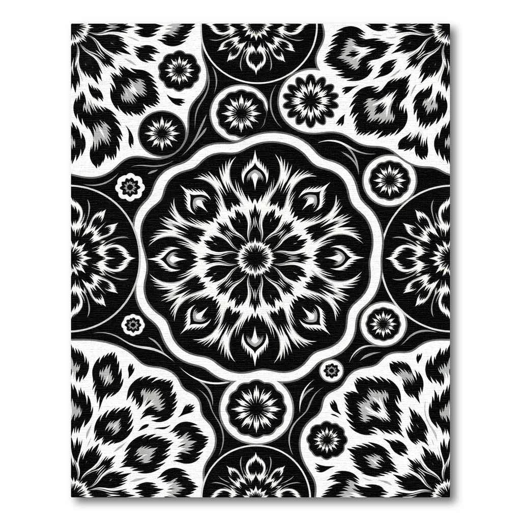 Monochromatic Black White Floral Medallion Rug