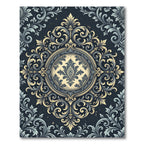 Elegant Gold and Navy Damask Medallion Rug