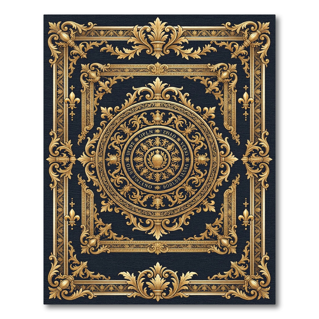 Ornate Gold Emblem Black Scrollwork Rug