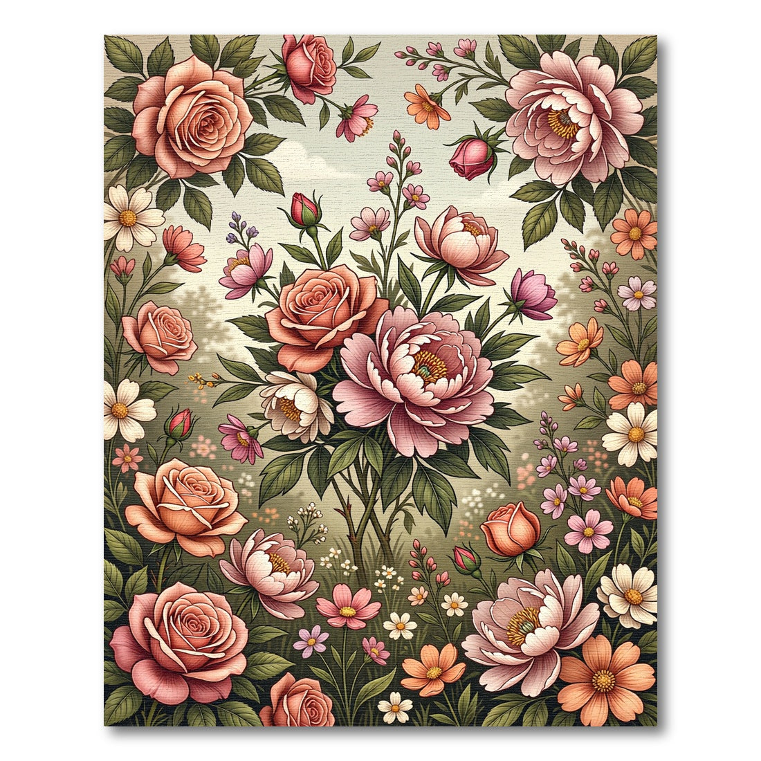 Romantic Blush Rose Peony Meadow Floral Rug