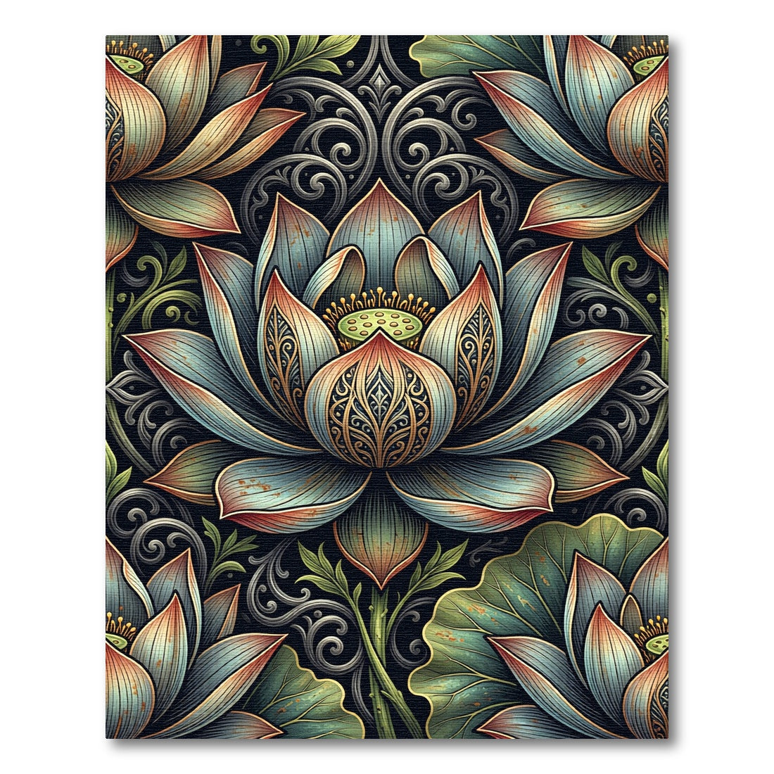 Elegant Teal Lotus Floral Victorian Art Rug