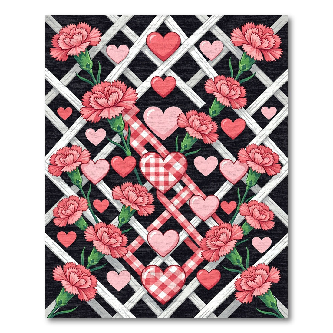 Pink Carnation Hearts on Lattice Gingham Rug