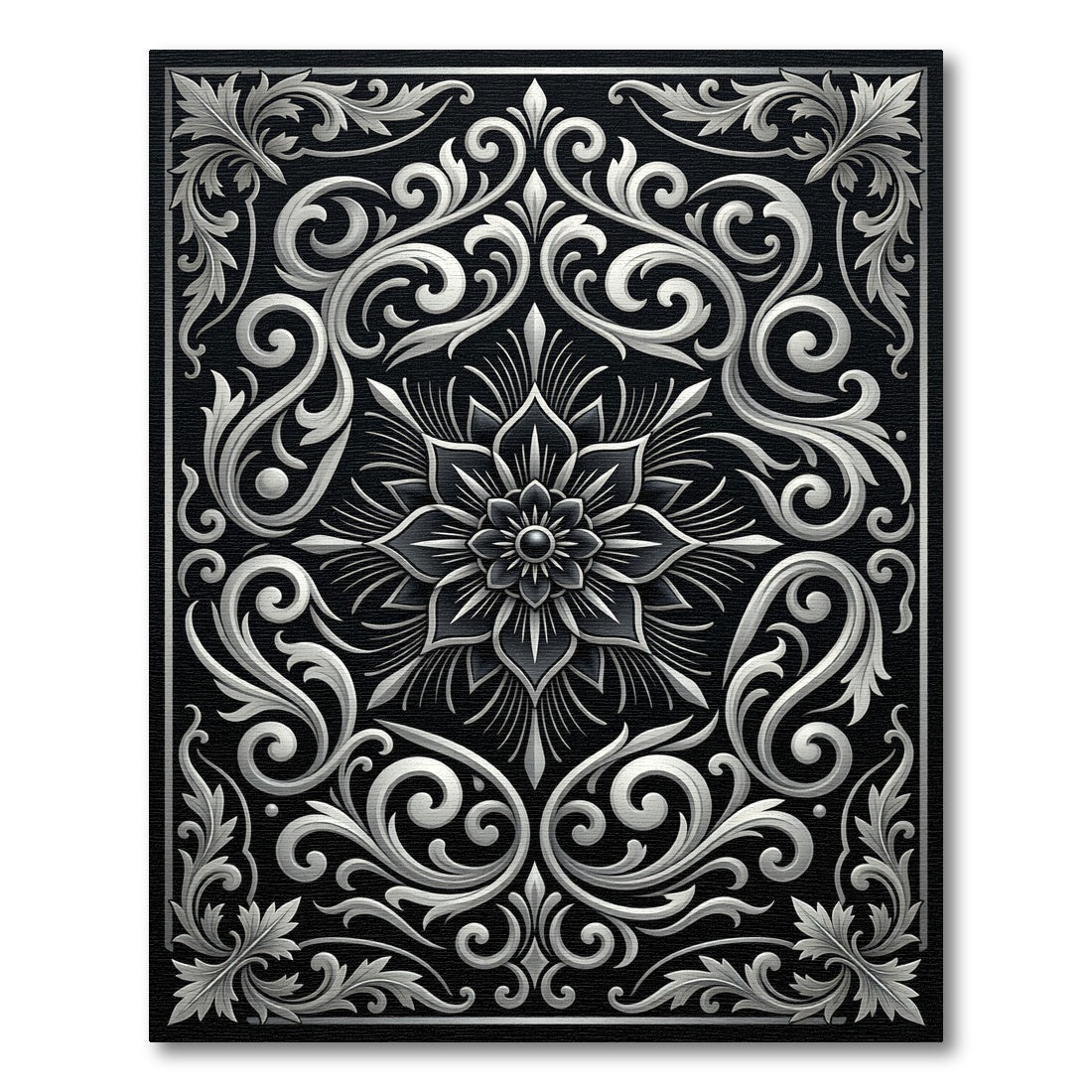 Ornate Black Silver Floral Scroll Rug