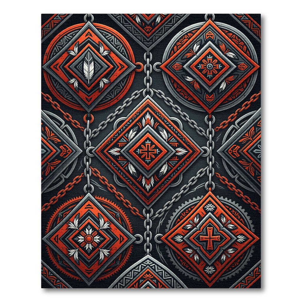 Chained Crimson Geometric Feather Diamond Rug
