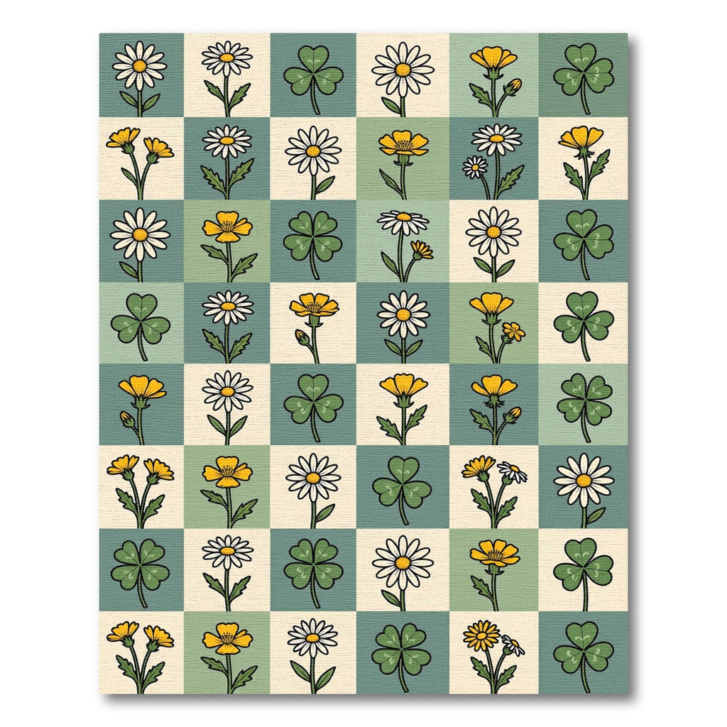 Sage Green Checkerboard Daisy Clover Grid Rug