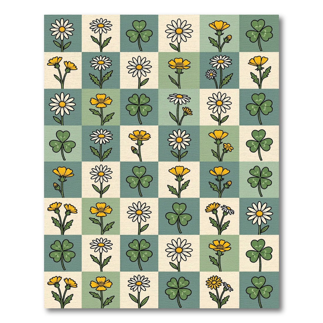 Sage Green Checkerboard Daisy Clover Grid Rug