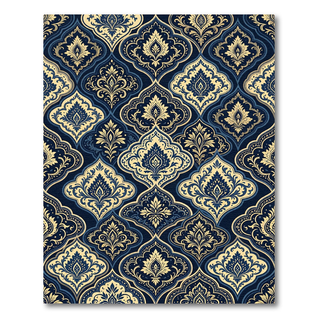 Elegant Navy Gold Ornate Damask Rug