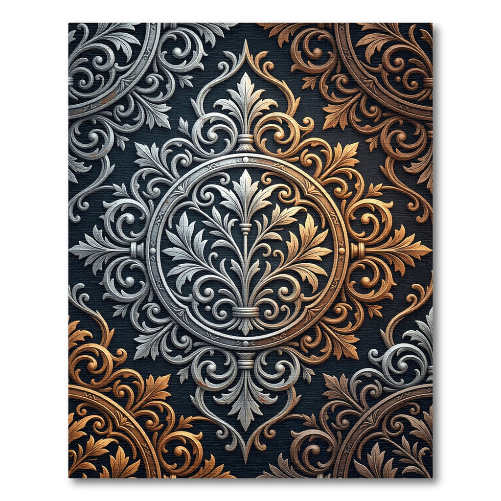 Metallic Gold and Silver Ornate Medallion Rug